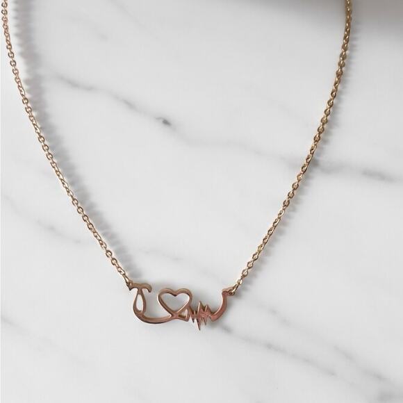 Stethoscope Heart & Heartbeat Necklace Rose Gold Tone NEW - Picture 3 of 6